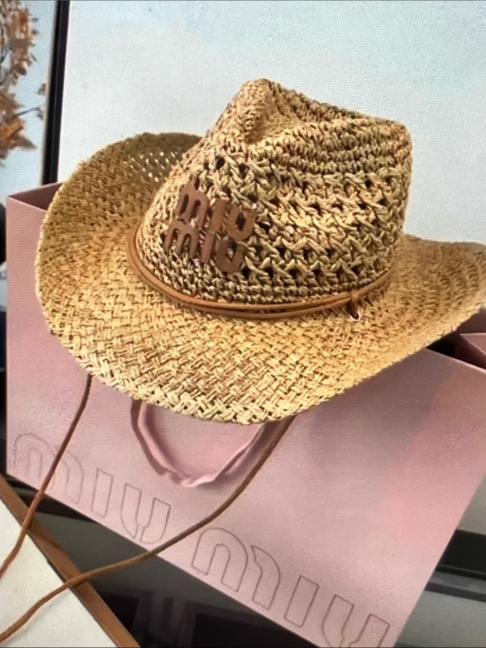 Miu Miu Tan Braided Straw Cowboy Hat with Logo Plaque